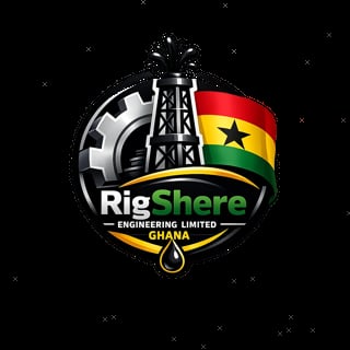 Rigsphere Engineering Limited Ghana logo featuring oil derrick, gear wheel, and Ghanaian flag on black background